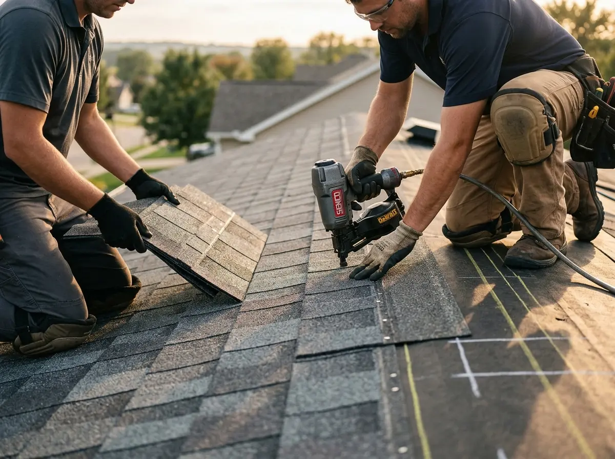 Professional roofer working on a residential roof in Oak Bluffs